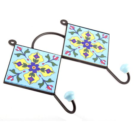 Turquoise And Navy Blue Tiny Flower Tiles Hooks